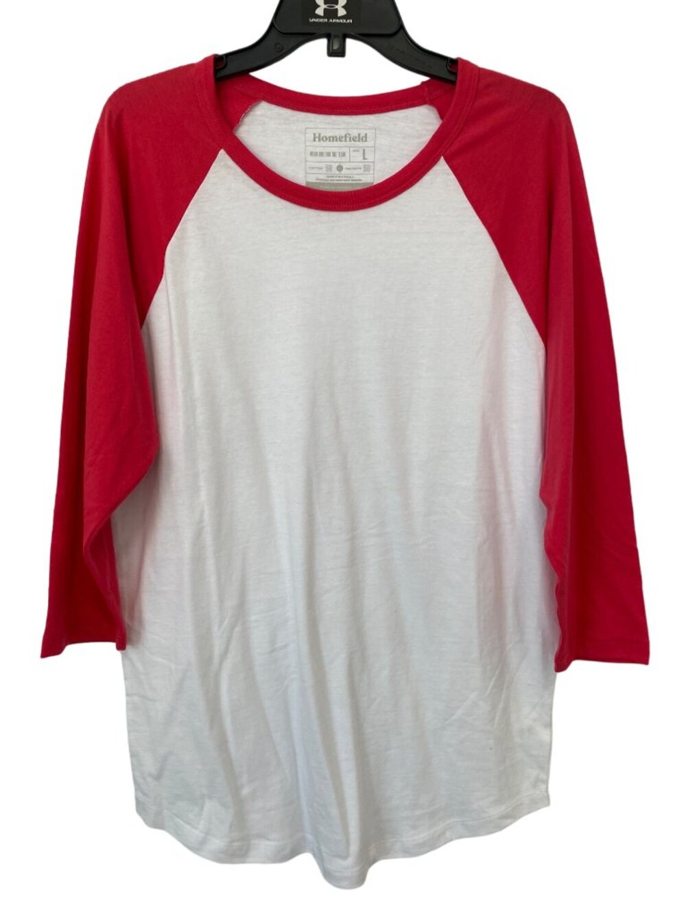 Homefield Baseball T Shirt Large Raglan Sleeve Pink White Cotton Polyester Tee